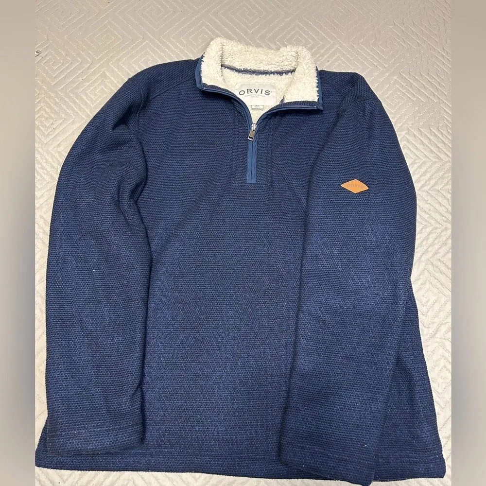 Orvis Men’s M Sherpa Lined Quarter Zip Navy Fleece Pullover Warm Outdoor Size M
